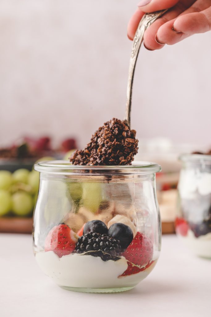 Yogurt Parfait with Fruit and Chocolate Granola Pretty Domesticated